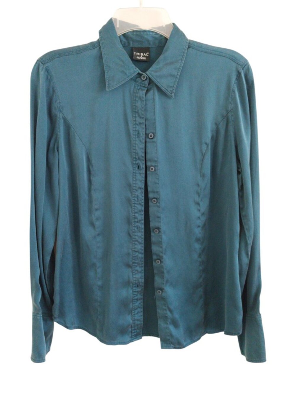 Tribal Silky Button Down Blouse Long Sleeve Size 6 Teal Excellent Used Condition